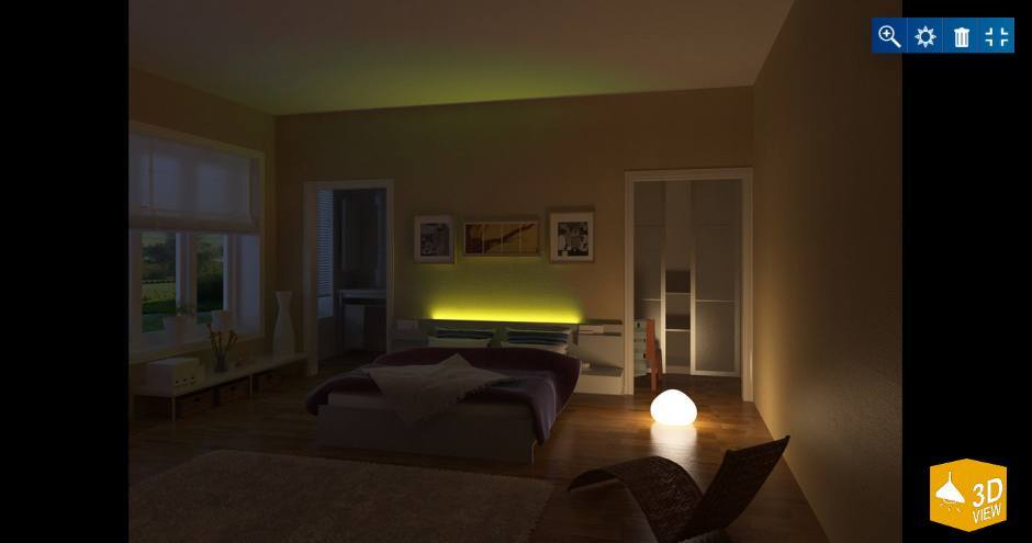 Változtatható színű éjszaki fény a hálószobában, az ágy fejtámlája mögé telepítve